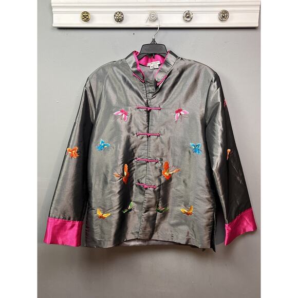 Grace Chuang New York open front jacket Womens Medium Butterfly Embroidered Gray - Picture 1 of 8